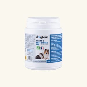 Dogteur Calme et Anti-Stress Bio, solution naturelle pour réduire l'anxiété chez les chiens et les chats.