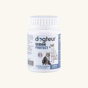 Dogteur Senior Protect, complément alimentaire pour soutenir la vitalité et la mobilité des chiens seniors.